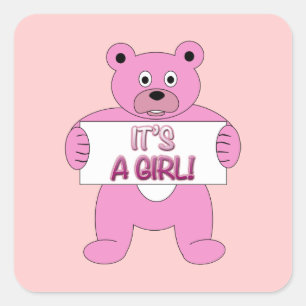 Sticker Carré C'est une fille rose ours