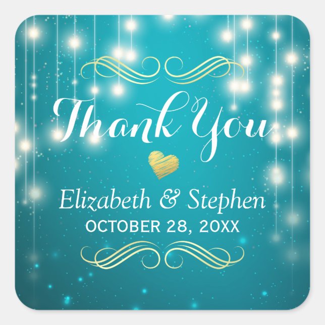Sticker Carré Chaîne Turquoise Lumières Mariage Favor Merci (Devant)