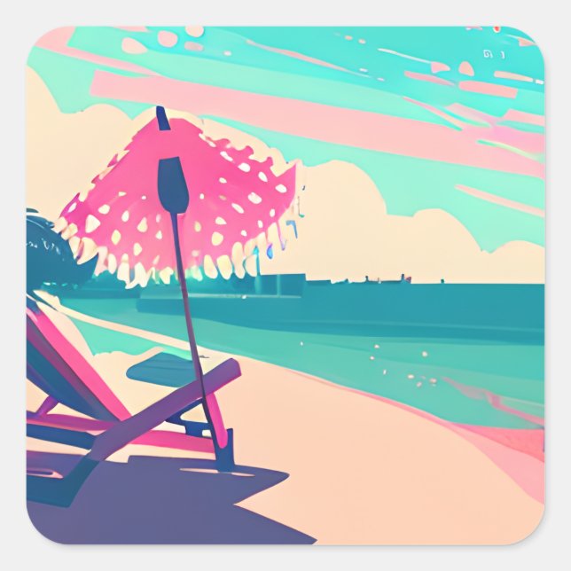 Sticker Carré Chaise de plage, Parapluie, Pêche et plage Turquoi (Devant)