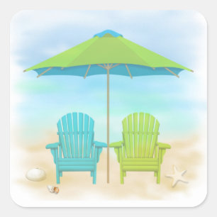 Sticker Carré Chaises de plage, parapluie, plage
