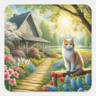 Sticker Carré Chalet de printemps/jardin & chat