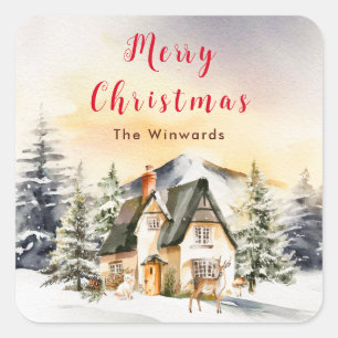 Sticker Carré Chalet de vacances de Noël Joyeux Noël