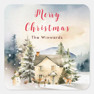Sticker Carré Chalet de vacances d'hiver Joyeux Noël
