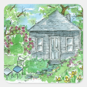 Sticker Carré Chalet Jaune Daffodil Aquarelle Maison Peinture