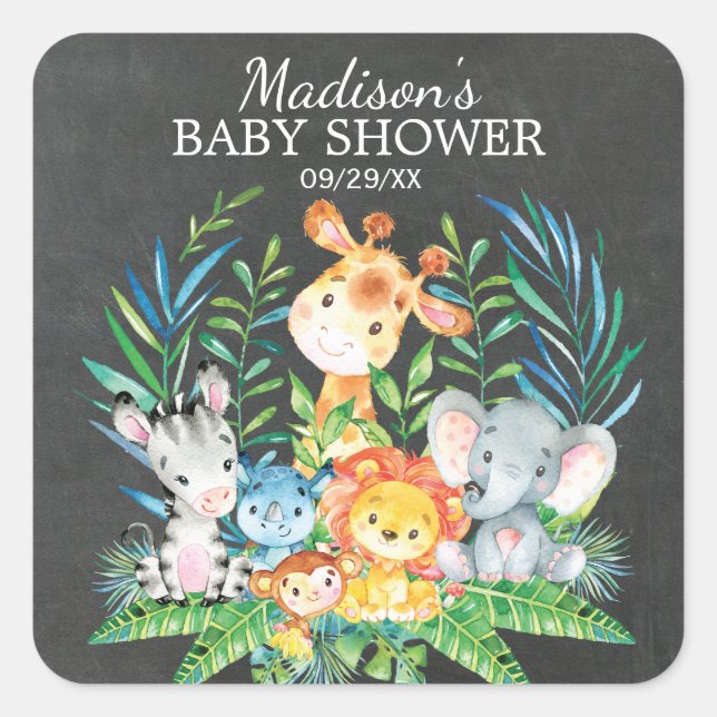 Sticker Carré Chalkboard Jungle Baby shower animal Favoriser Sti (Devant)