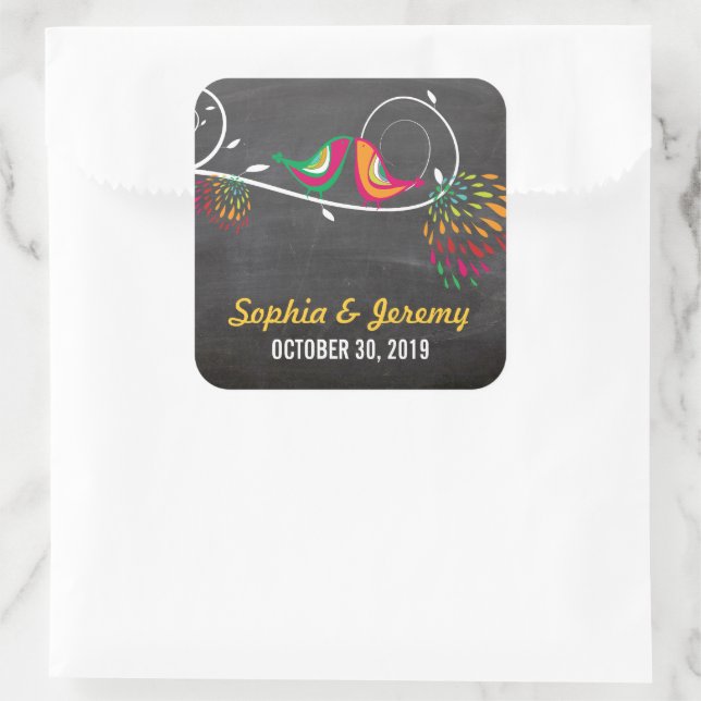 Sticker Carré Chalkboard Whimsical baiser Mariage des oiseaux d' (Sac)