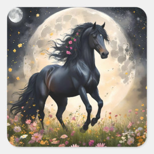 Sticker Carré Champ de fleur de lune de cheval noir,