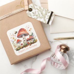 Sticker Carré Champignons Floral Abe Worm Boy Anniversaire
