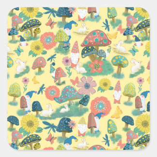 Sticker Carré Champignons, gnomes, lapins