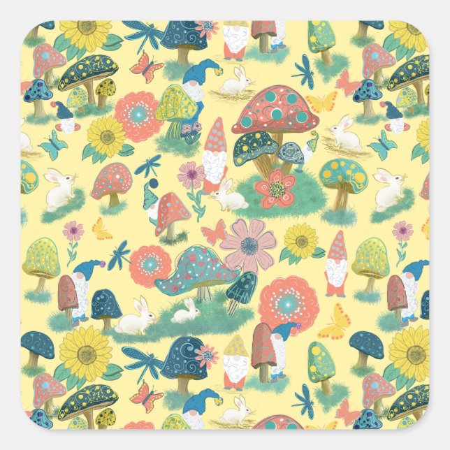 Sticker Carré Champignons, gnomes, lapins (Devant)
