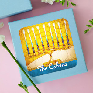 Sticker Carré Chandelier de Hanukkah en or jaune avec nom person