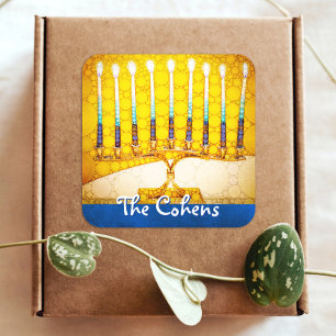 Sticker Carré Chandelier de Hanukkah en or jaune élégant avec no