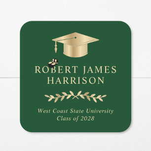 Sticker Carré Chapeau de diplômé or élégant Vert Graduation
