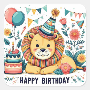Sticker Carré Chapeau de fête d'anniversaire de lion mignon
