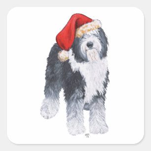 Sticker Carré Chapeau de Père Noël Old English Sheepdog