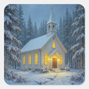 Sticker Carré Chapelle White Christmas dans les pins d'hiver