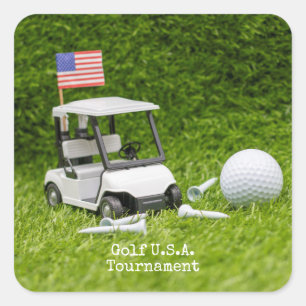 Sticker Carré Chariot de golf et boule avec drapeau de l'Amériqu