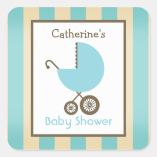 Sticker Carré Chariot et rayures bleus de baby shower