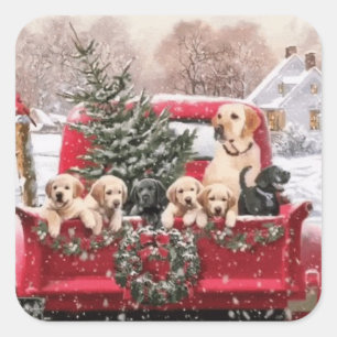 Sticker Carré Chariot Rouge Rétro De Noël Avec Chiens De Chien
