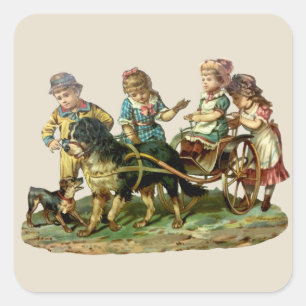 Sticker Carré Chariot Vintage pour Enfants et Chien