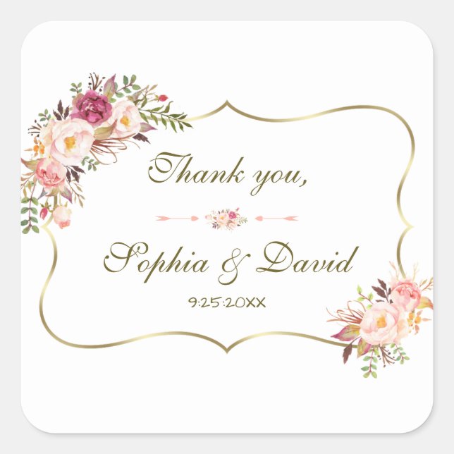 Sticker Carré Charm Gold Blush rose Mariage floral (Devant)