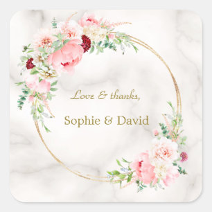 Sticker Carré Charm Spring Watercolor Peonies Bloom Gold Mariage