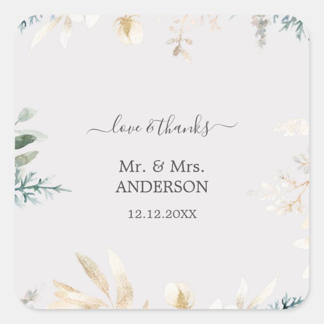 Sticker Carré Charmant Aquarelle Verdure Mariage Or (Devant)