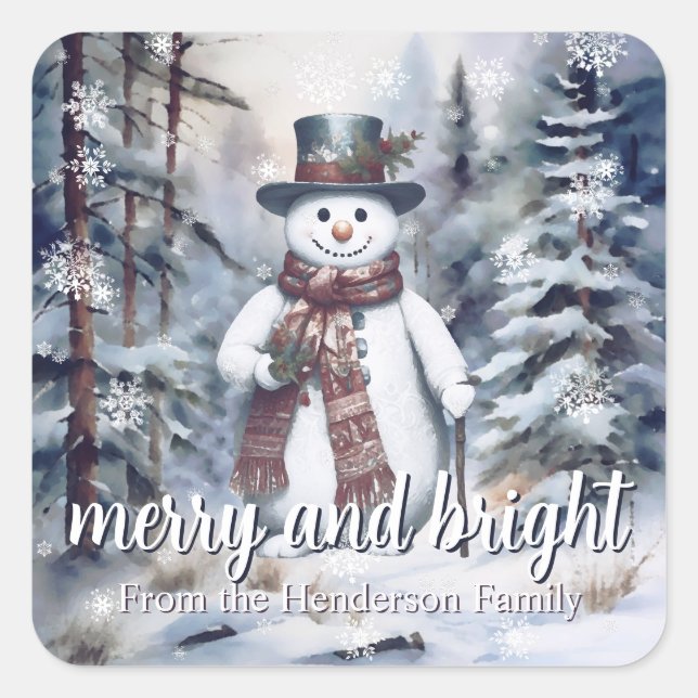 Sticker Carré Charmant Snowman Aquarelle Forêt d'hiver (Devant)