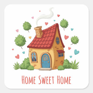 Sticker Carré Charmante Maison "Maison Douce Maison" Illustrati