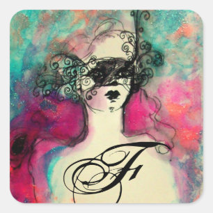 Sticker Carré CHARME /Dame au Masque Monogramme rose Turquoise v