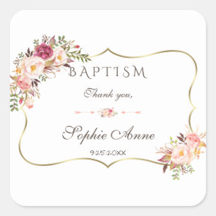 Sticker Carré Charme Or Blush rose Floral Baptême