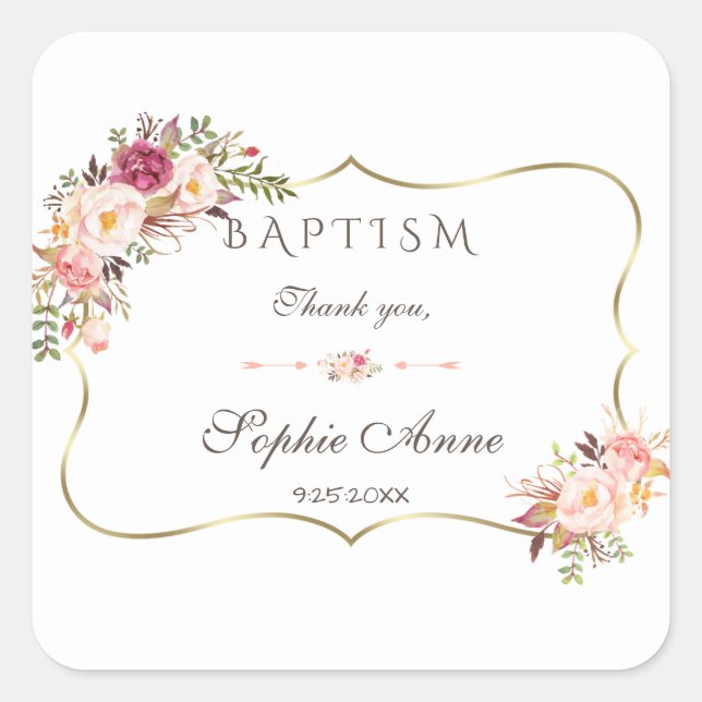 Sticker Carré Charme Or Blush rose Floral Baptême (Devant)