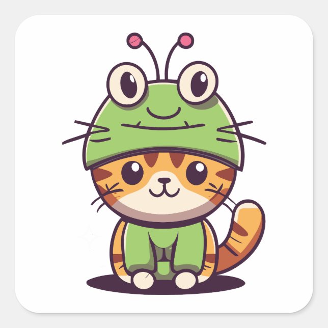 Sticker Carré Charming Chat in Frog Casquette - Adorable Baby Ki (Devant)