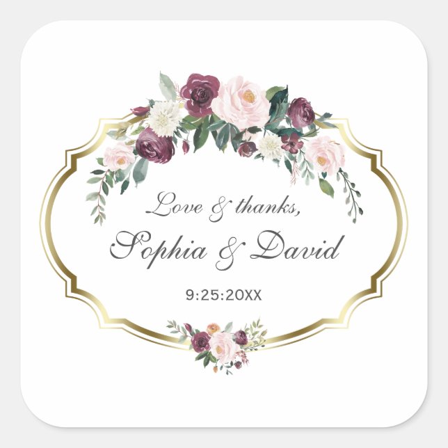 Sticker Carré Charming or Bourgogne Blush Floral Mariage (Devant)