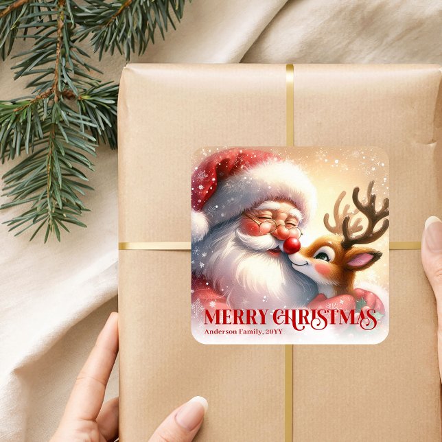 Sticker Carré Charming Santa Rudolph Personalized Christmas Kids (Charming Santa Rudolph Personalized Christmas Kids Sticker)