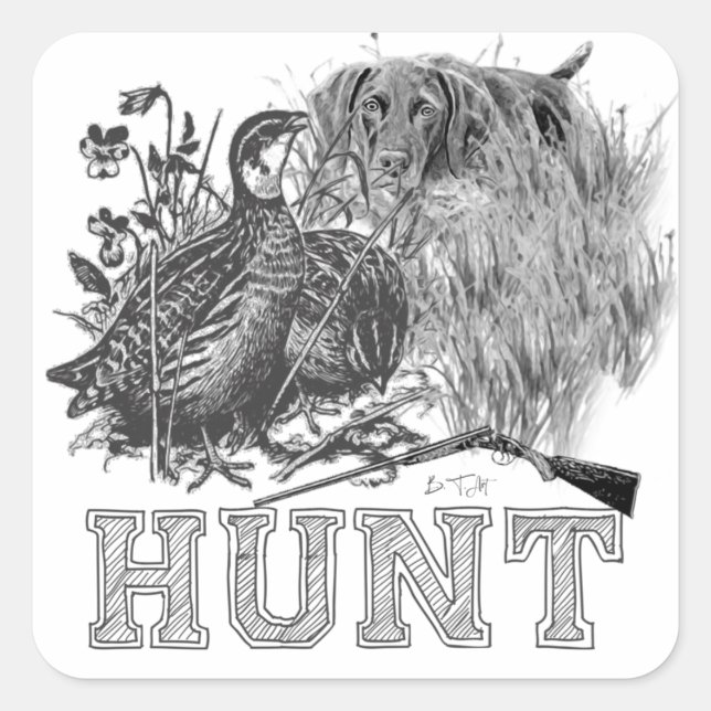 Sticker Carré Chasse à la caille avec chien de chasse (Devant)