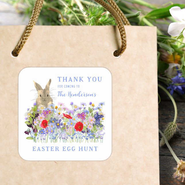 Sticker Carré Chasse aux Oeufs de Pâques Lapin Merci Floral (Easter brunch and egg hunt custom thank you sticker for favor bags watercolor florals and cute bunny)