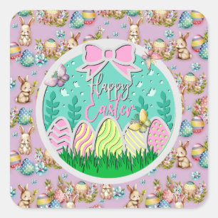 Sticker Carré Chasse aux œufs de Pâques mignonne et papillons co