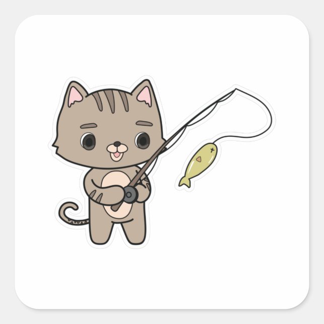 Sticker Carré Chat à la pêche avec bâton de pêche (Devant)