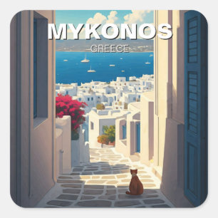 Sticker Carré Chat à Mykonos Grèce Cyclades Voyage