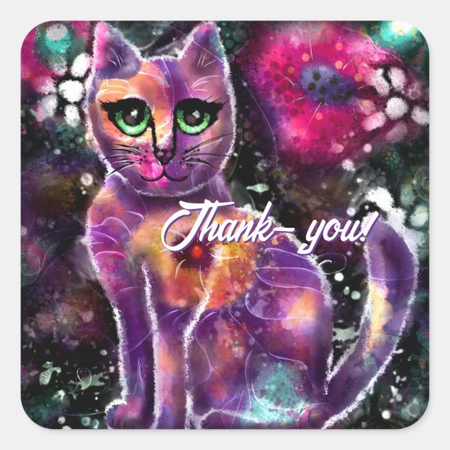 Sticker Carré Chat Abstrait floral blanc Kitty noir rose (Devant)