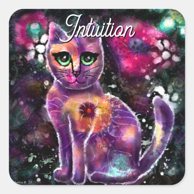 Sticker Carré Chat Abstrait floral blanc Kitty noir rose (Devant)