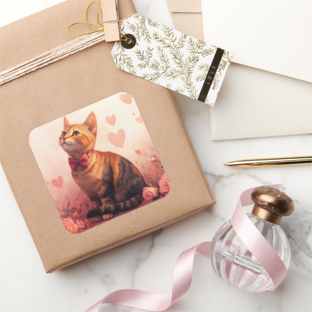 Sticker Carré Chat abyssinien avec Rose - Saint Valentin (Cadeaux)