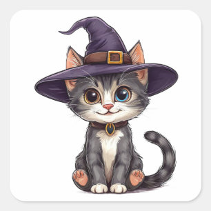 Sticker Carré Chat adorable avec chapeau de sorcière