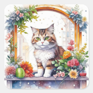 Sticker Carré Chat assis dans la fenêtre avec Fleurs Aquarelle