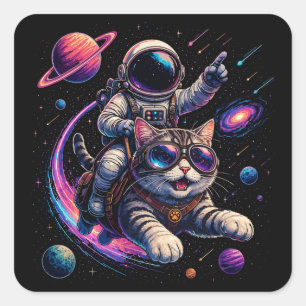 Sticker Carré Chat astronaute chevauchant à travers l'espace
