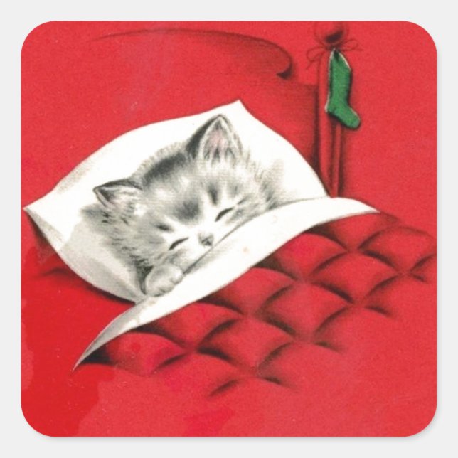 Sticker Carré Chat au lit à Noël (Devant)