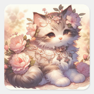 Sticker Carré Chat aux fleurs de printemps