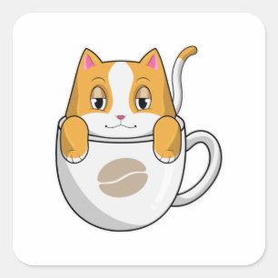 Sticker Carré Chat avec café Coupe