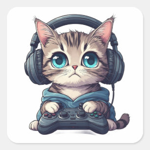 Sticker Carré Chat avec casque audio et manette